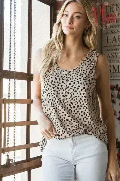 Heimish Full Size Front Button Animal Print Sleeveless Top Plus Size - Femstylo