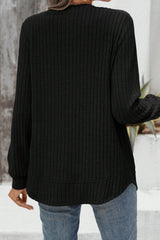 Black Ribbed Texture Round Neck Long Sleeve Rounded Hem Top