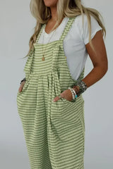 Green Gingham Wide Leg Pockets Loose Overall - Femstylo