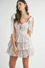 MABLE Floral Print Shoulder Tie Layered Mini Dress - Femstylo