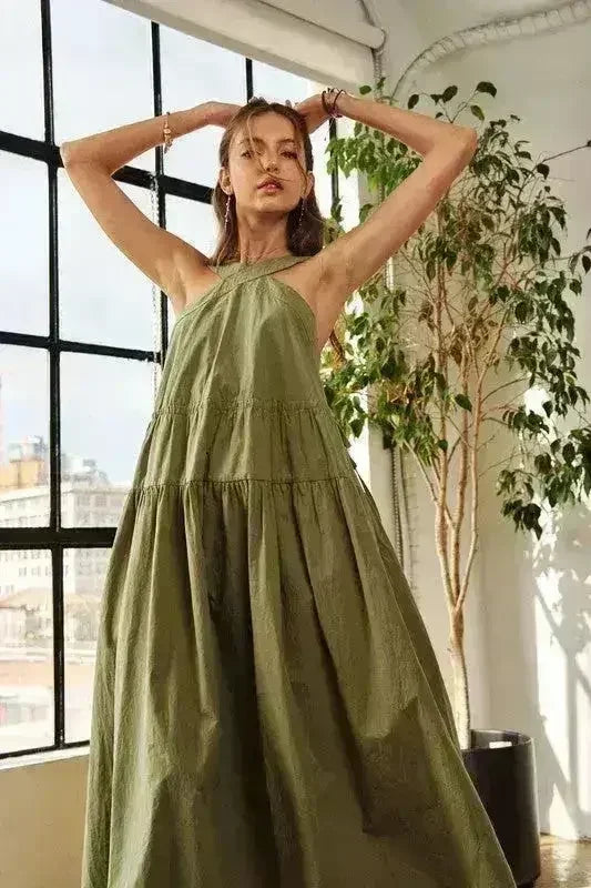 ADORA Crisscross Wide Strap Drawstring Detail Midi Dress - Femstylo