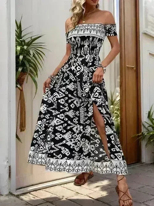 Off-Shoulder Slit Dress - Flowy Viscose Dress | Femstylo - Femstylo