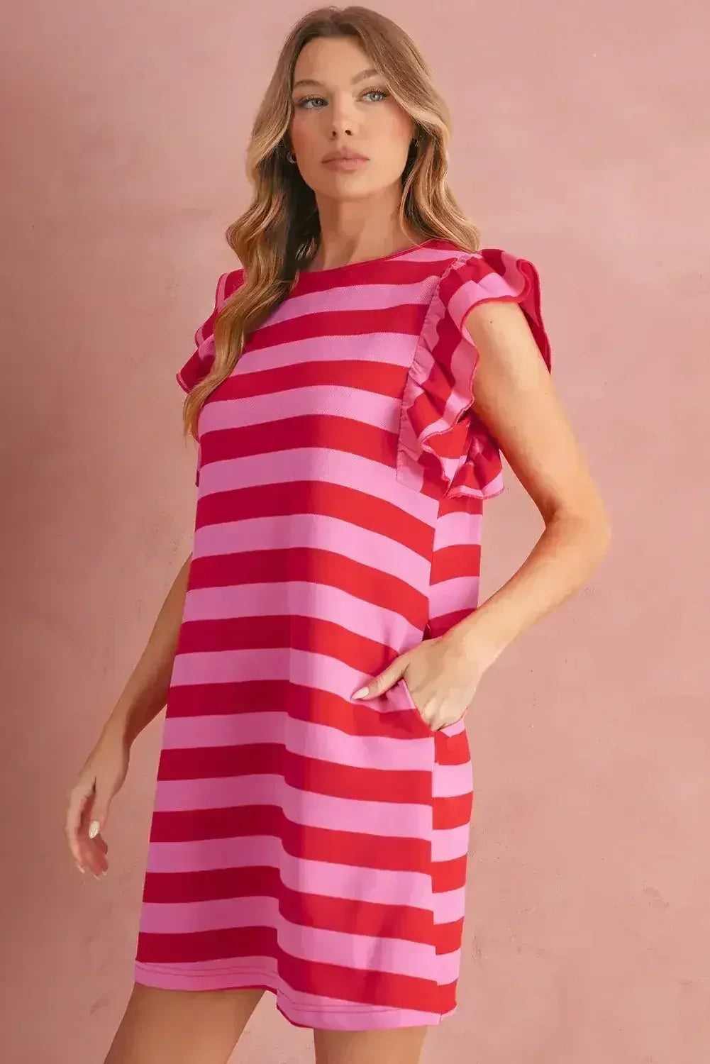 Black Stripe Flutter Sleeve Round Neck Shift Mini Dress - Femstylo