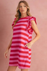Black Stripe Flutter Sleeve Round Neck Shift Mini Dress - Femstylo