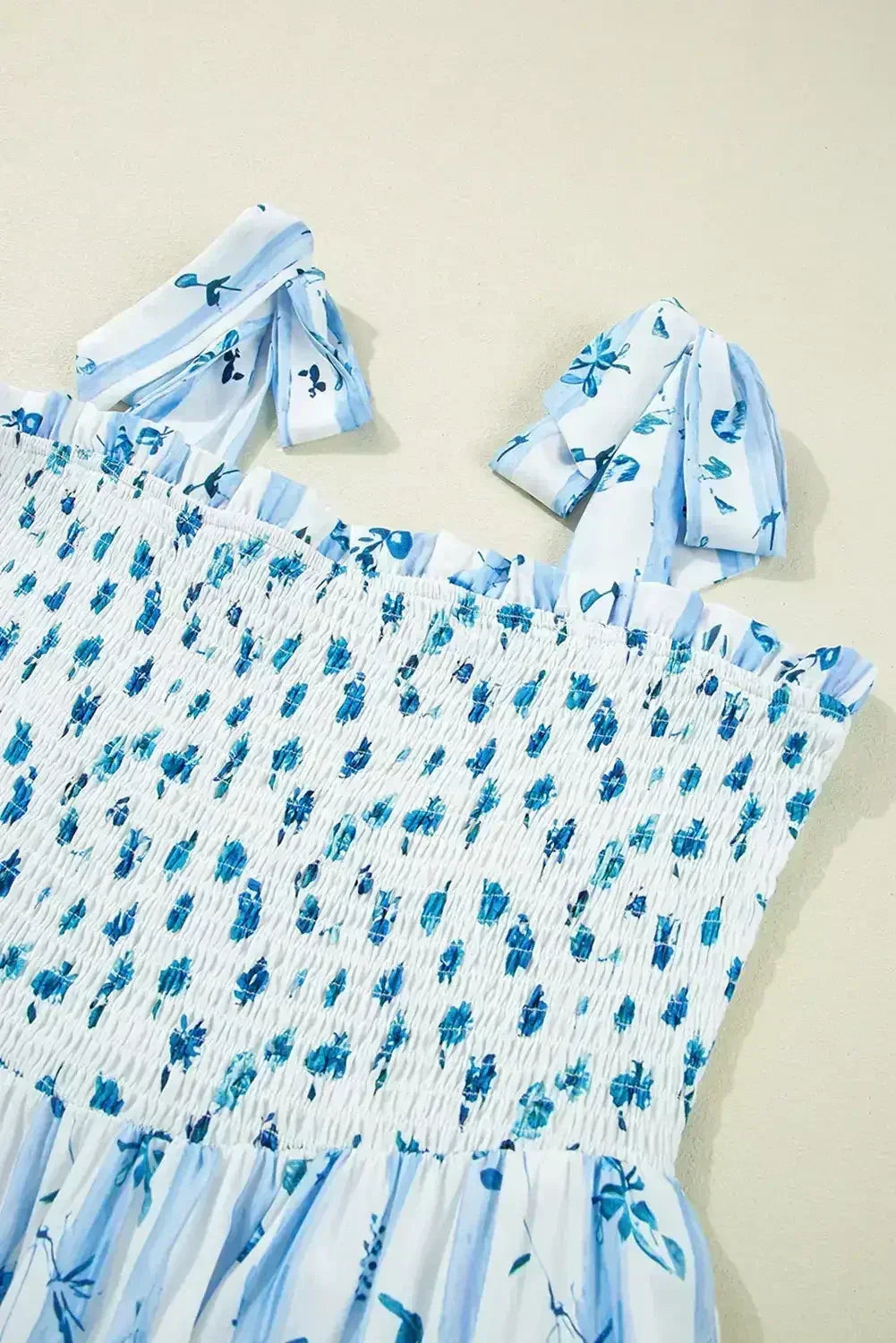 Sky Blue Floral Smocked A-Line Tie Straps Maxi Dress - Femstylo