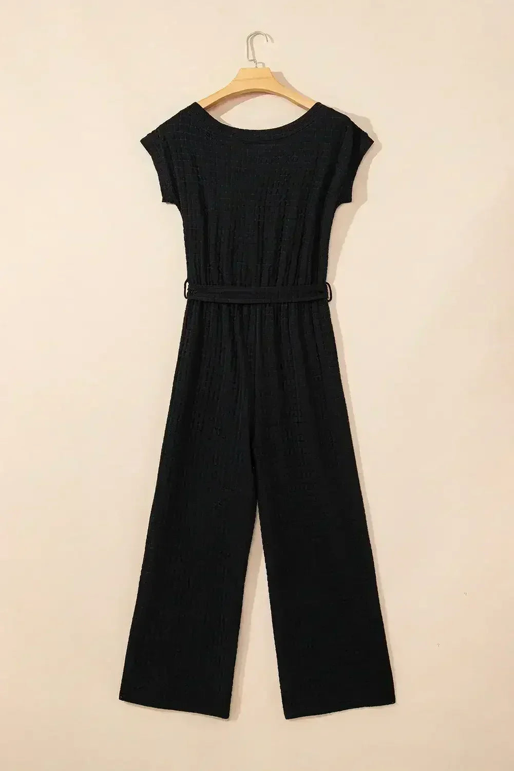 Black Checkered Mesh One Shoulder Short Sleeve Knotted Waist Jumpsuit - Femstylo