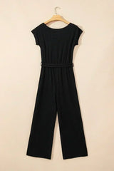 Black Checkered Mesh One Shoulder Short Sleeve Knotted Waist Jumpsuit - Femstylo