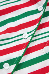 Green Striped Piping Trim Velvet Ribbon Knot Christmas Pajama Set