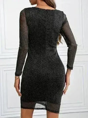 Metallic Ruffled V-Neck Long Sleeve Mini Dress - Femstylo