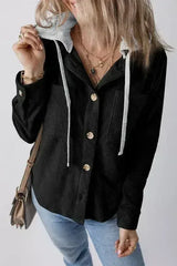 Black Hooded Drawstring Pockets Corduroy Shacket - Femstylo