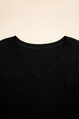 White Waffle Texture V Neck Drop Shoulder Loose Tee