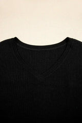 White Waffle Texture V Neck Drop Shoulder Loose Tee - Femstylo