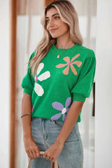 Bright Green 60s Floral Bubble Short Sleeve Knitted Top - Femstylo