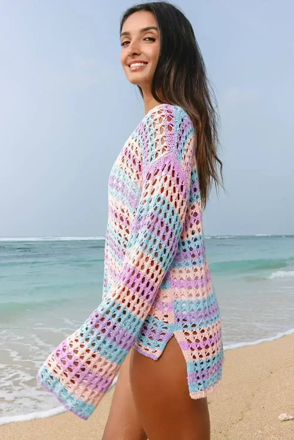 Purple Striped Hollow Knit Summer Beach Cover Up - Femstylo