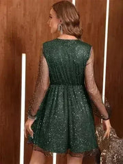 Glitter Surplice Long Sleeve Mini Dress - Femstylo