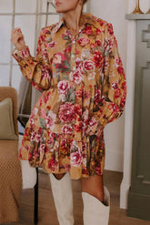 Brown Floral Print Shirt Style Long Sleeve Ruffle Mini Dress
