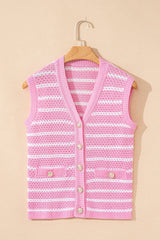 Sky Blue Striped V Neck Button Knit Vest