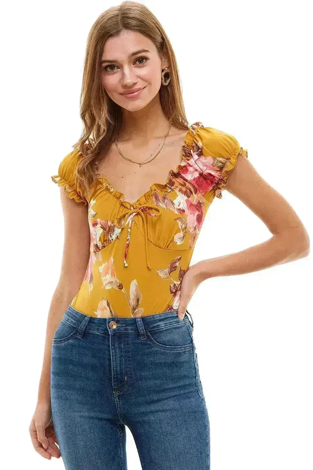Floral Printed Peasant Style Bodysuit - Femstylo