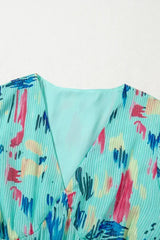 Sky Blue Abstract Print Short Puff Sleeve Tiered Maxi Dress - Femstylo