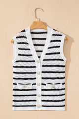 Sky Blue Striped V Neck Button Knit Vest