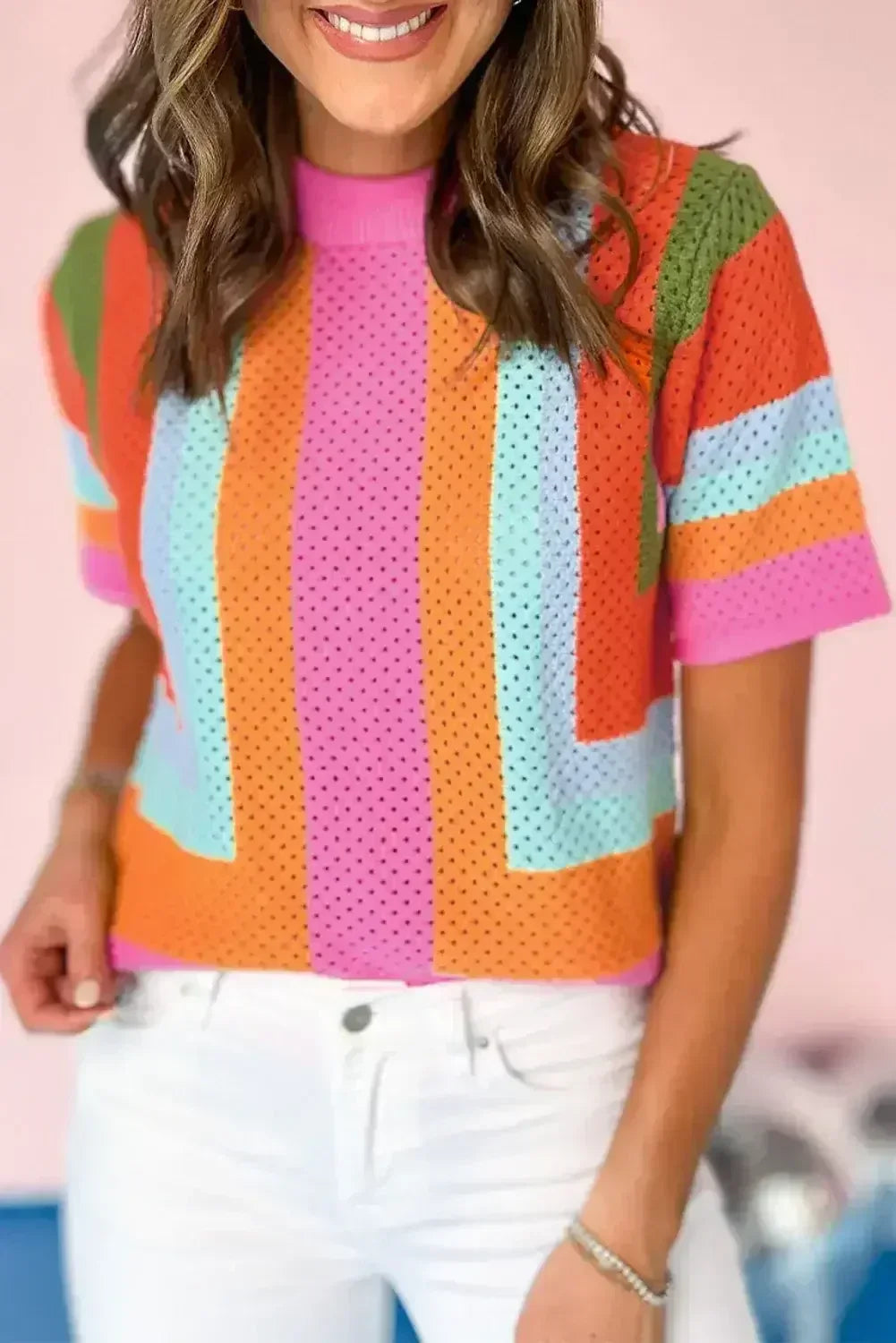 Orange Colorblock Eyelet Casual Knit T Shirt - Femstylo