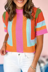 Orange Colorblock Eyelet Casual Knit T Shirt - Femstylo