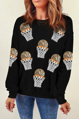 Black Basketball Patched Game Day Crew Neck Graphic Sweatshirt - Femstylo