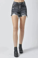 RISEN Full Size High Rise Distressed Denim Shorts - Femstylo