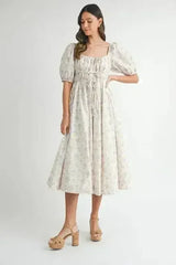 MABLE Floral Drawstring Detail Puff Sleeve Midi Dress - Femstylo
