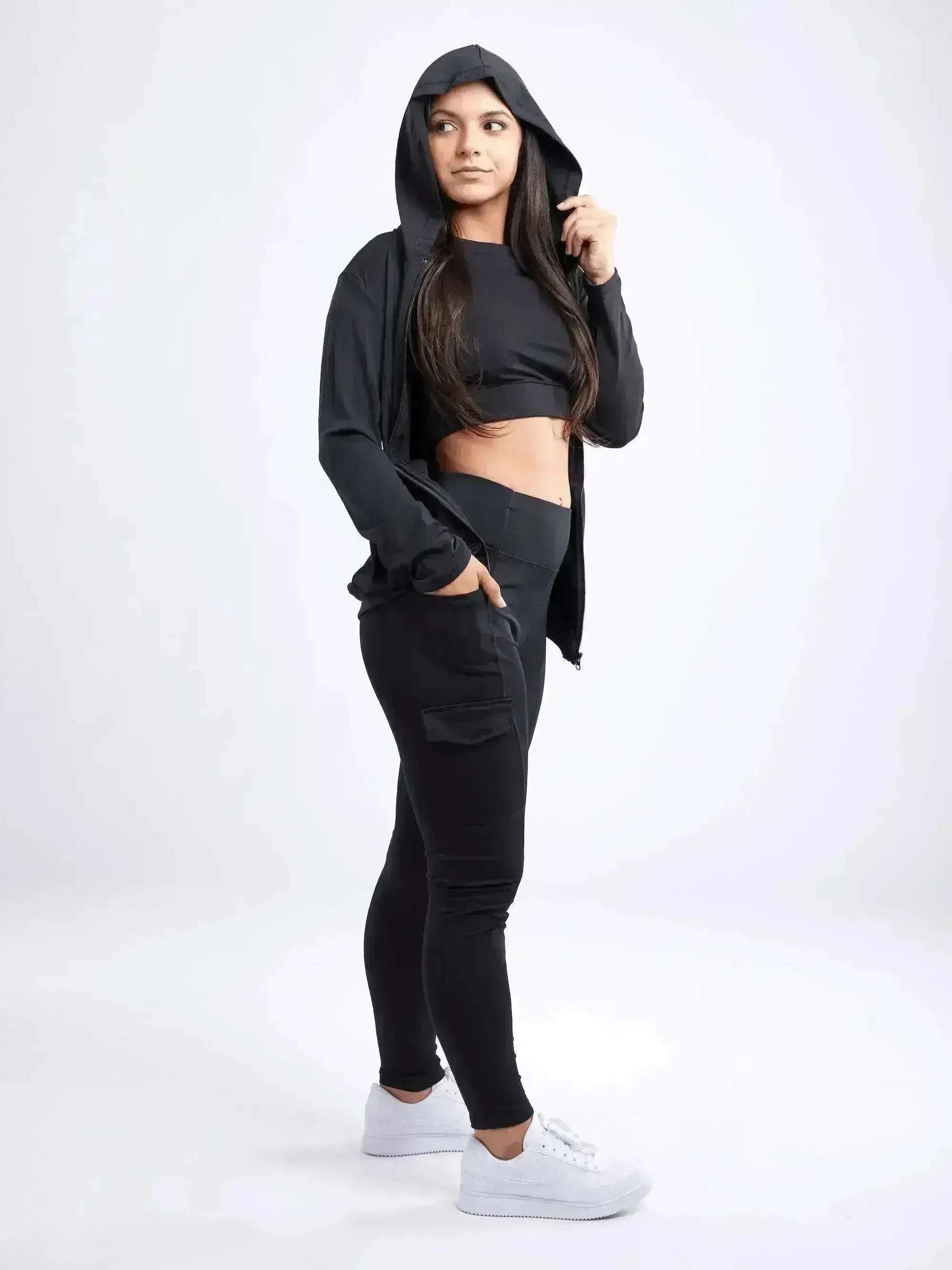 Athletic Fitted Zip-Up Hoodie Jacket with Pockets - Femstylo