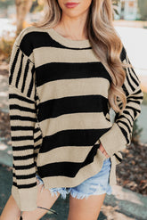 Black Stripe Drop Shoulder Sleeve Patchwork Baggy Sweater