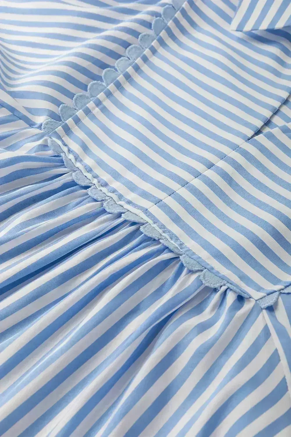 Sky Blue Striped Ric Rac Trim Collared V Neck Blouse - Femstylo