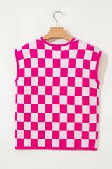 Rose Checkered Pattern Cap Sleeve Knitted Top