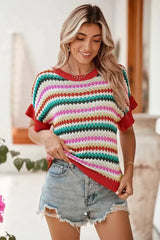 Fiery Red Striped Diamond Print Ruffle Sleeve Knit Top - Femstylo