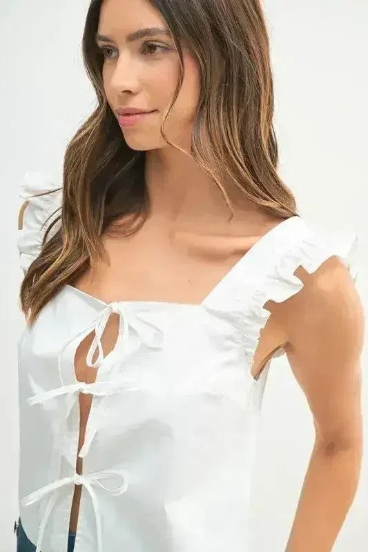 MABLE Poplin Ruffle Strap Front Self Tie Top - Femstylo