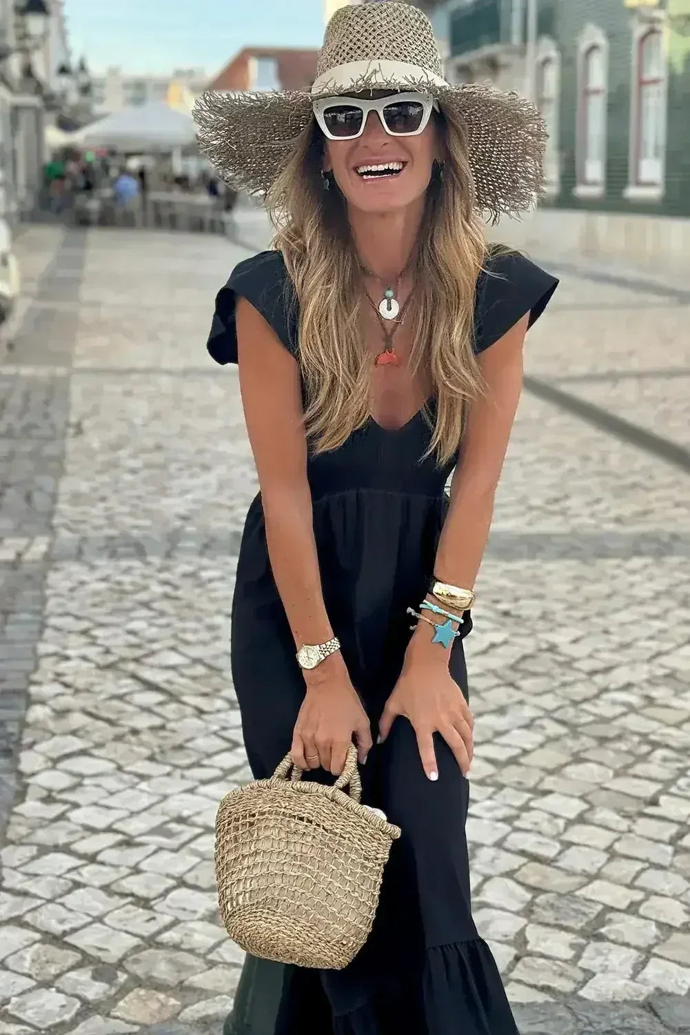 Black V Neck Flutter Sleeve Smocked Bodice High Waist Ruffle Maxi Dress - Femstylo