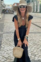 Black V Neck Flutter Sleeve Smocked Bodice High Waist Ruffle Maxi Dress - Femstylo