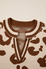 Light French Beige Leopard Printed Knit V Neck Sweater