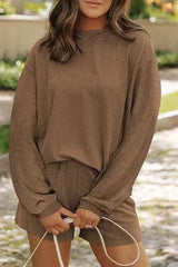 Parchment Corded Knit Long Sleeve Top and High Waist Shorts Set - Femstylo