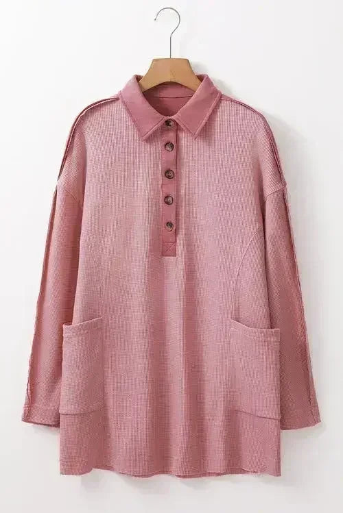 Pink Waffle Long Sleeve Collared Half Button Relaxed Fit Top - Femstylo