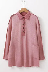 Pink Waffle Long Sleeve Collared Half Button Relaxed Fit Top - Femstylo