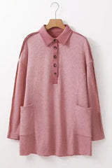 Pink Waffle Long Sleeve Collared Half Button Relaxed Fit Top - Femstylo