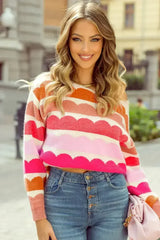 Yellow Wave Striped Balloon Sleeve Drop Shoulder Sweater - Femstylo