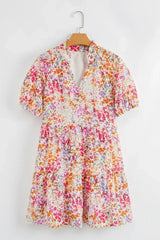 Red Floral Print Notched V Neck Puff Sleeve Tiered Mini Dress - Femstylo
