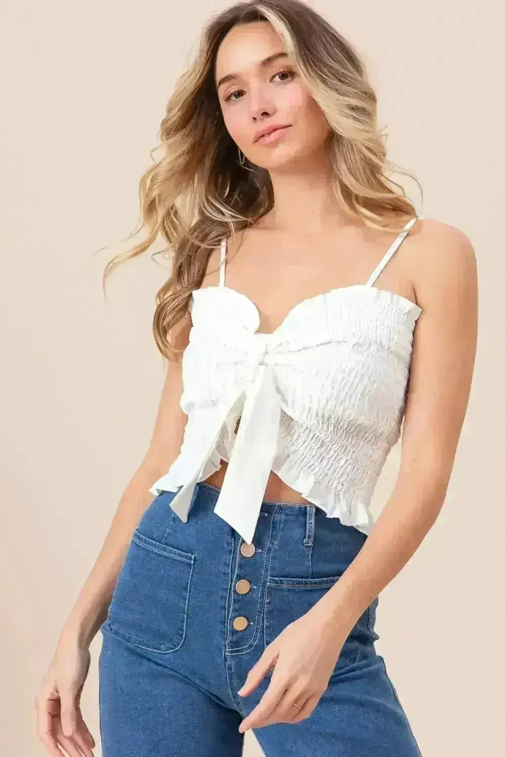 BiBi Ruffled Smocked Ribbon Detail Cami - Femstylo