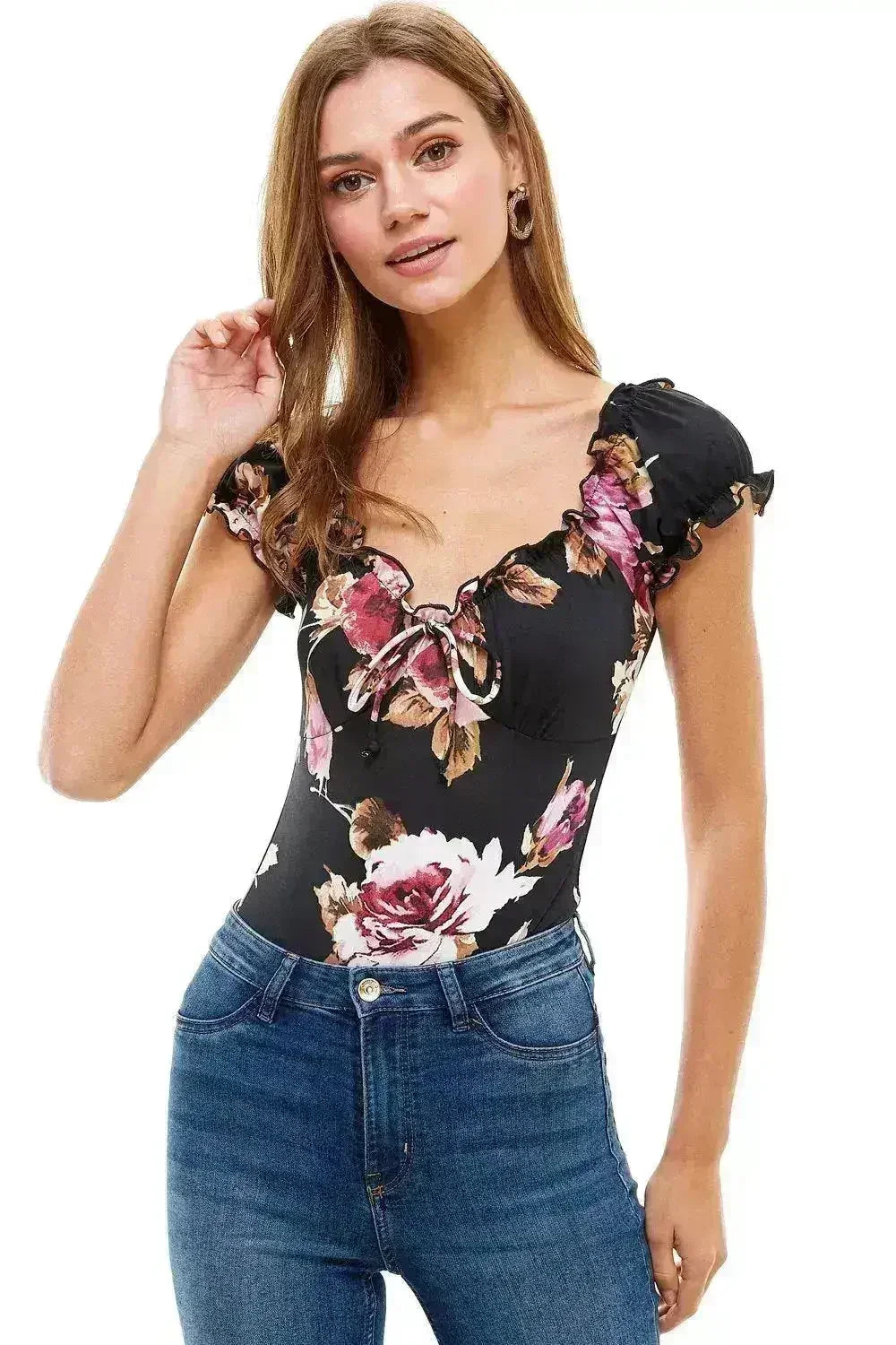 Floral Printed Peasant Style Bodysuit - Femstylo