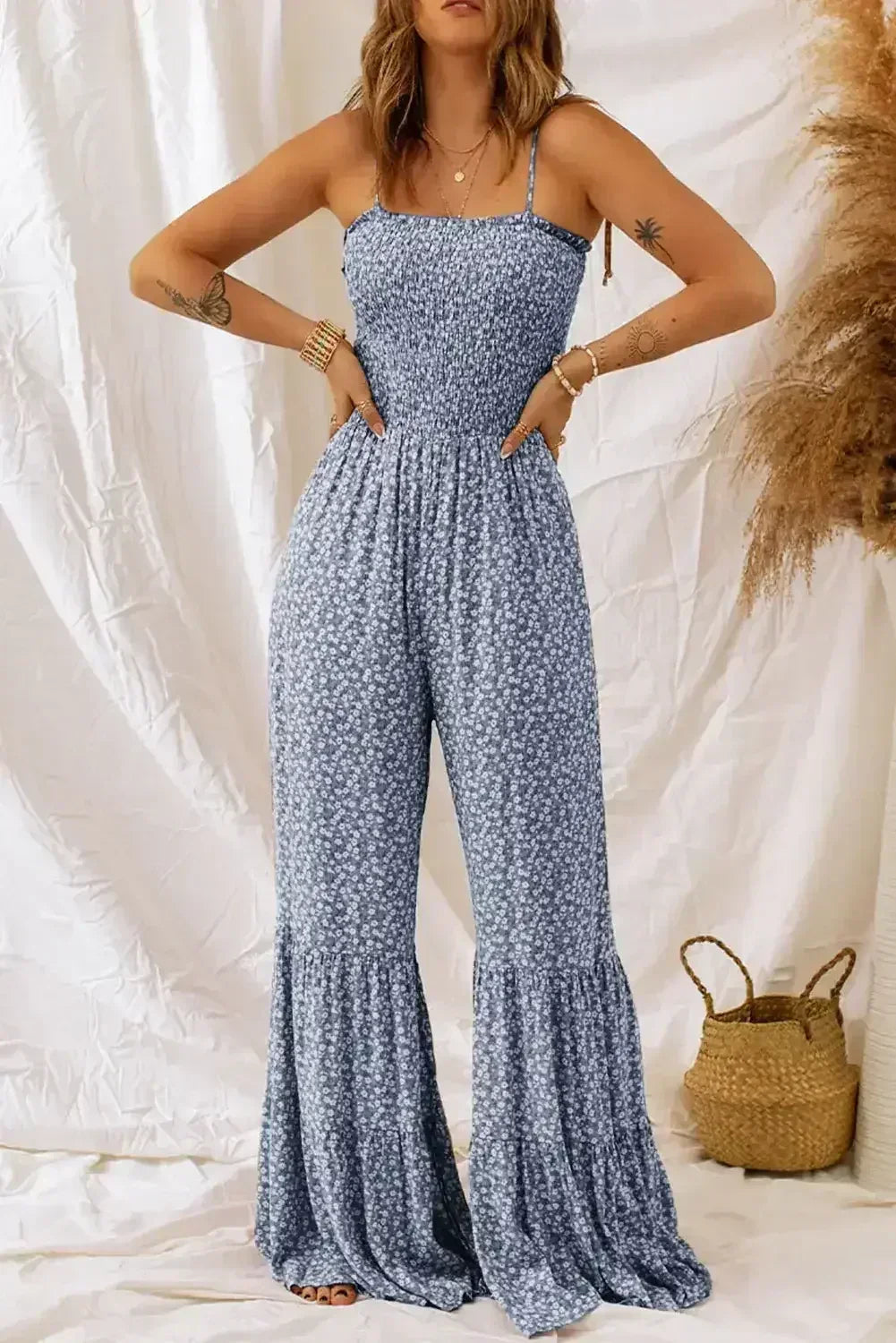 Dusk Blue Floral Print Spaghetti Straps Smocked Wide Leg Jumpsuit - Femstylo