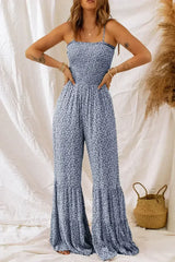 Dusk Blue Floral Print Spaghetti Straps Smocked Wide Leg Jumpsuit - Femstylo