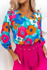 Floral V-Neck Blouse - 3/4 Sleeve Office Wear | Femstylo - Femstylo