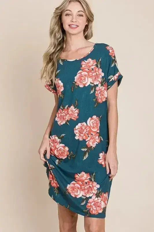 BOMBOM Floral Round Neck Short Tee Dress with Pockets - Femstylo